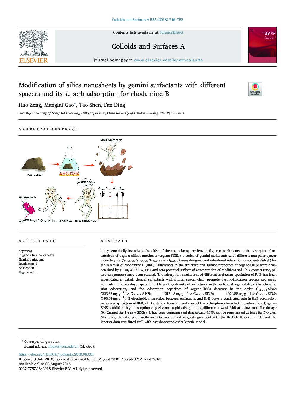 Modification of silica nanosheets by gemini surfactants with different spacers and its superb adsorption for rhodamine B