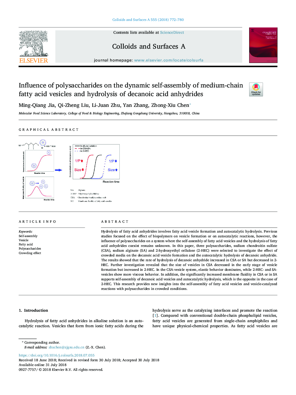 Influence of polysaccharides on the dynamic self-assembly of medium-chain fatty acid vesicles and hydrolysis of decanoic acid anhydrides