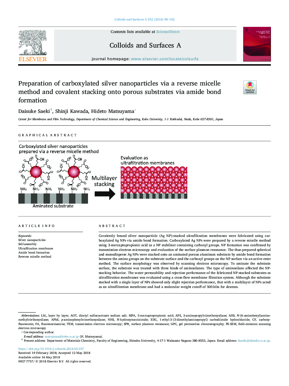 Preparation of carboxylated silver nanoparticles via a reverse micelle method and covalent stacking onto porous substrates via amide bond formation