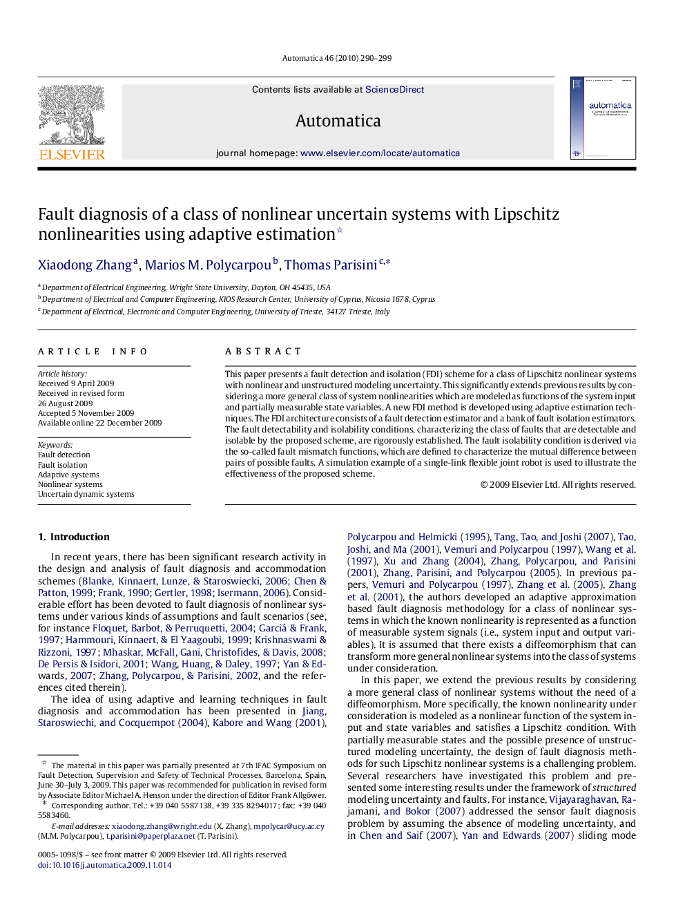 Fault diagnosis of a class of nonlinear uncertain systems with Lipschitz nonlinearities using adaptive estimation 