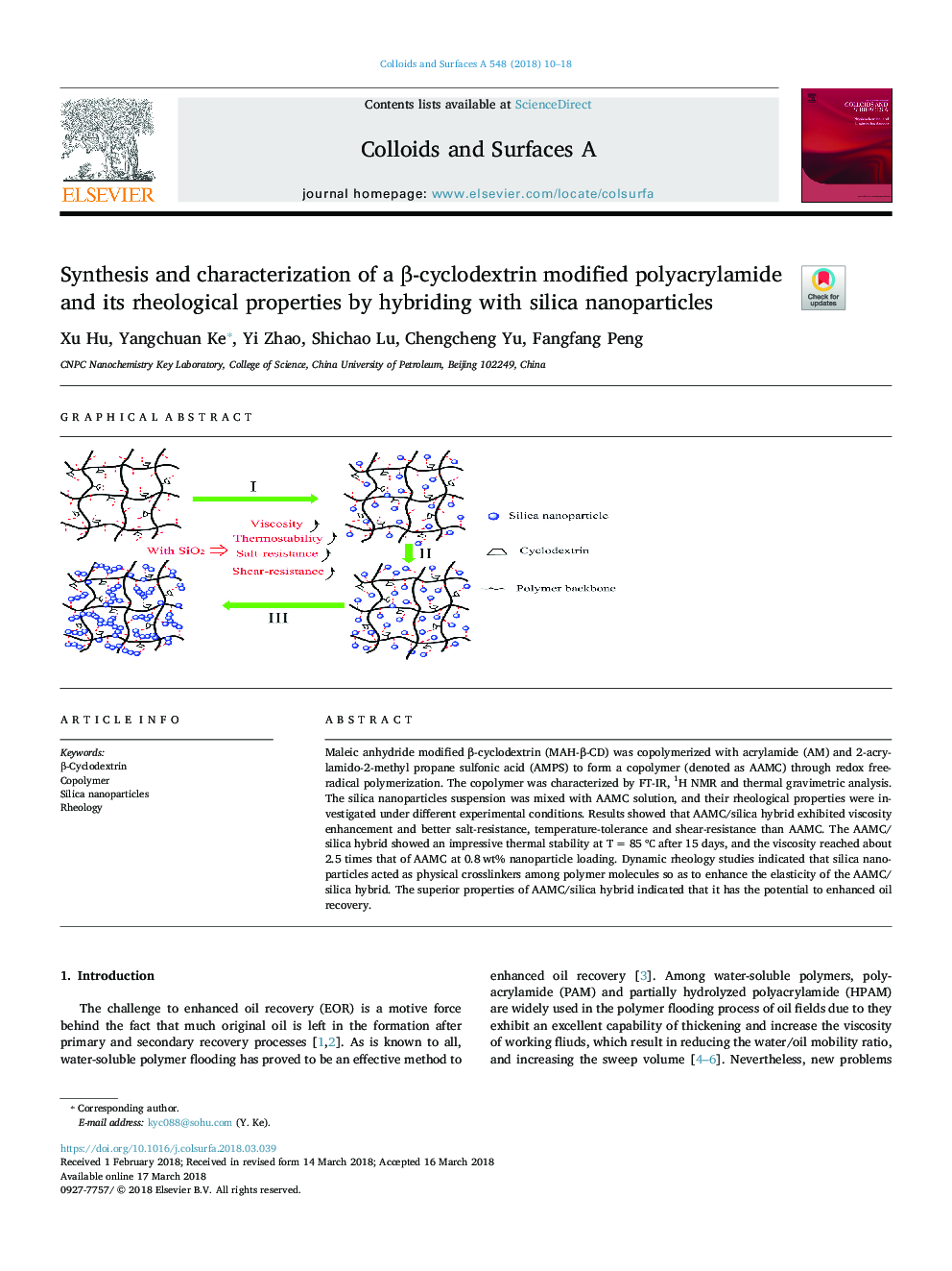 Synthesis and characterization of a Î²-cyclodextrin modified polyacrylamide and its rheological properties by hybriding with silica nanoparticles