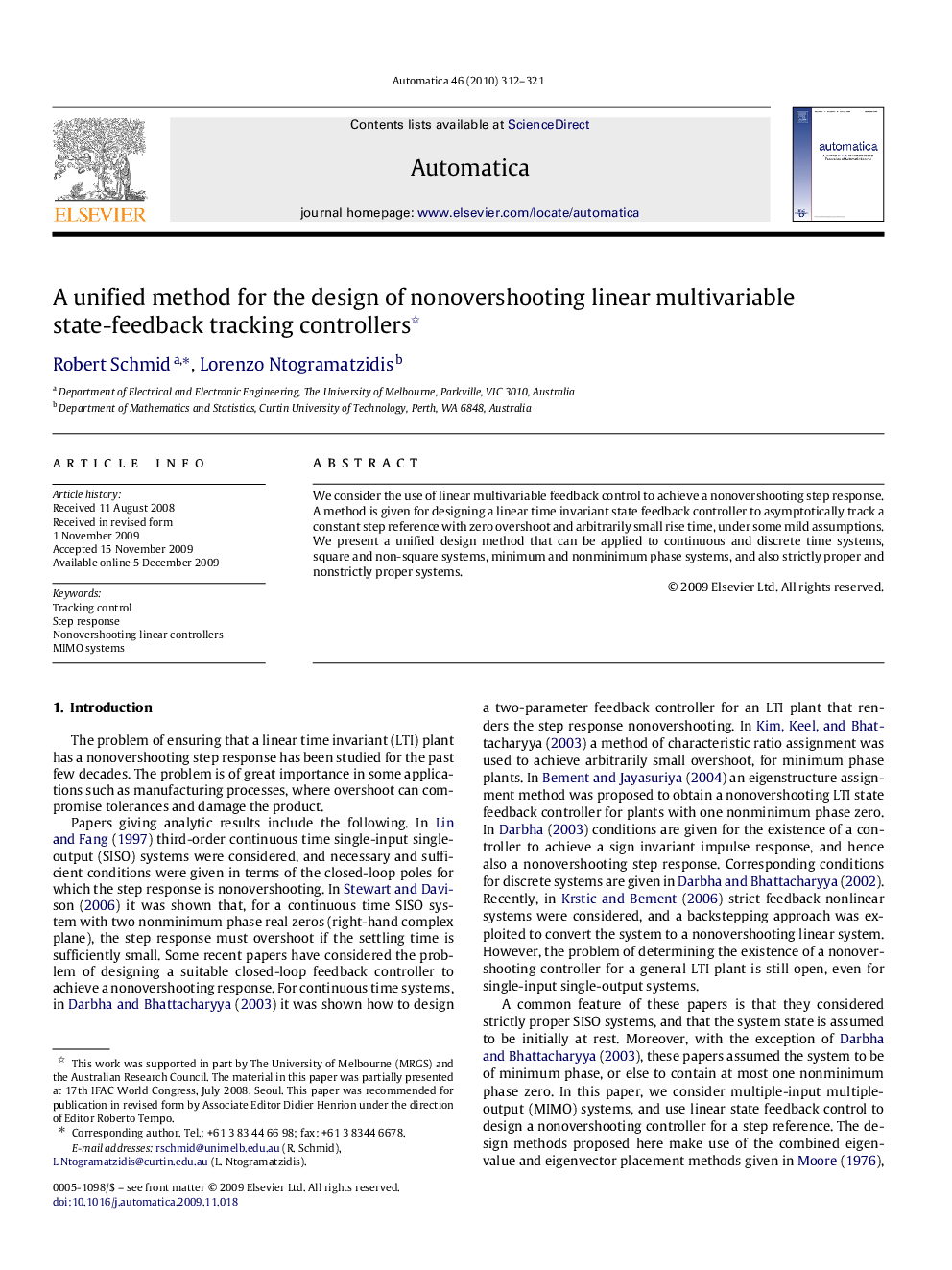 A unified method for the design of nonovershooting linear multivariable state-feedback tracking controllers 