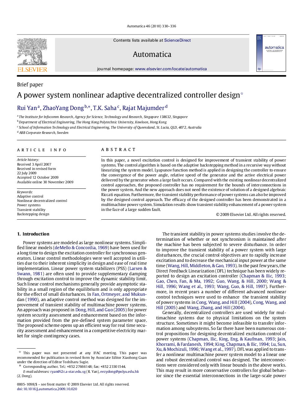 A power system nonlinear adaptive decentralized controller design 