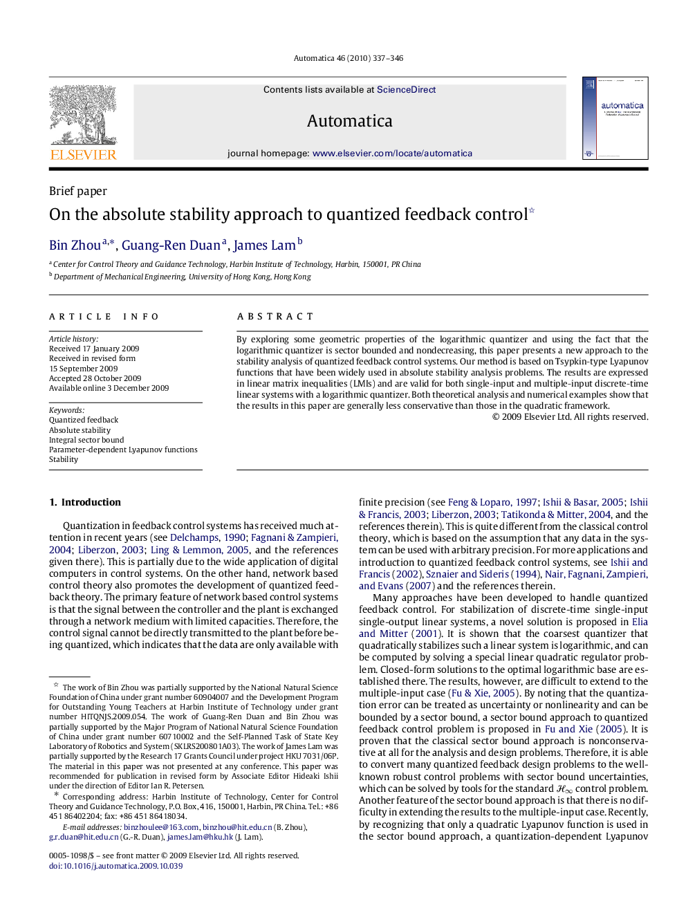 On the absolute stability approach to quantized feedback control 