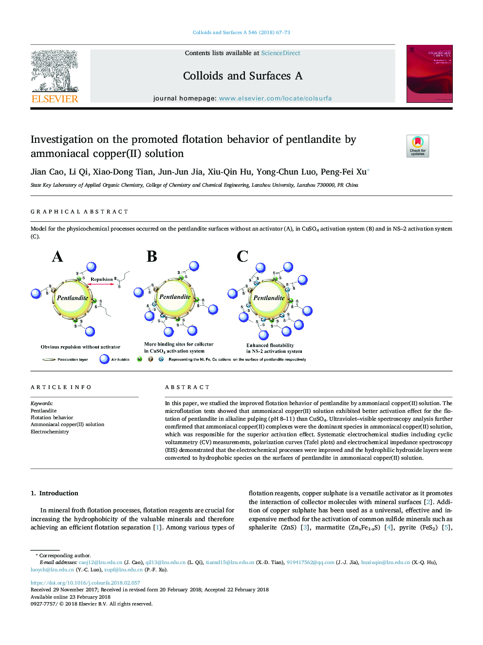 Investigation on the promoted flotation behavior of pentlandite by ammoniacal copper(II) solution