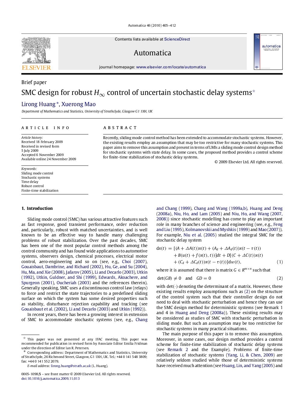 SMC design for robust H∞H∞ control of uncertain stochastic delay systems 