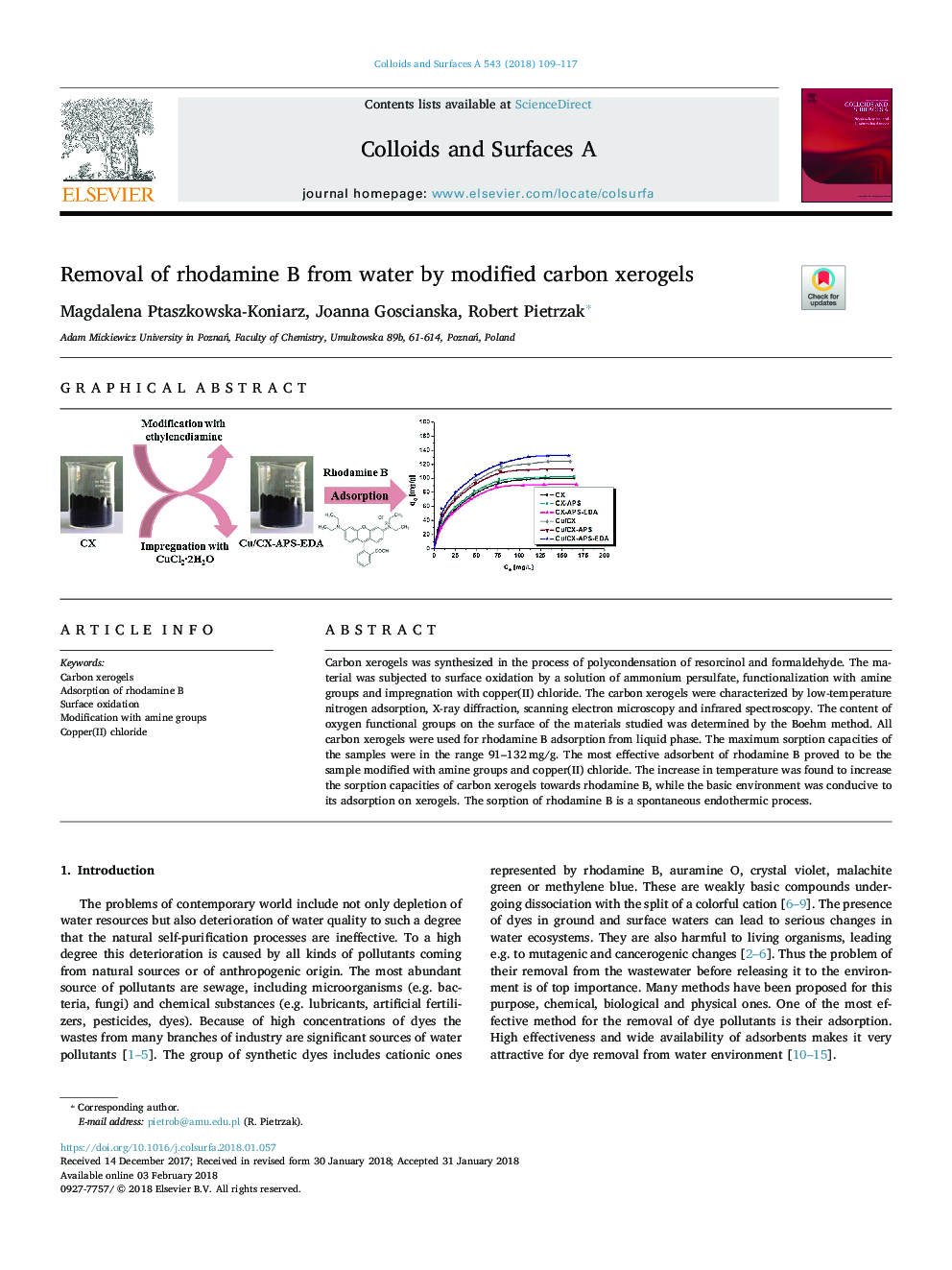 Removal of rhodamine B from water by modified carbon xerogels