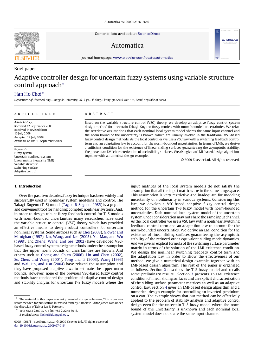 Adaptive controller design for uncertain fuzzy systems using variable structure control approach 