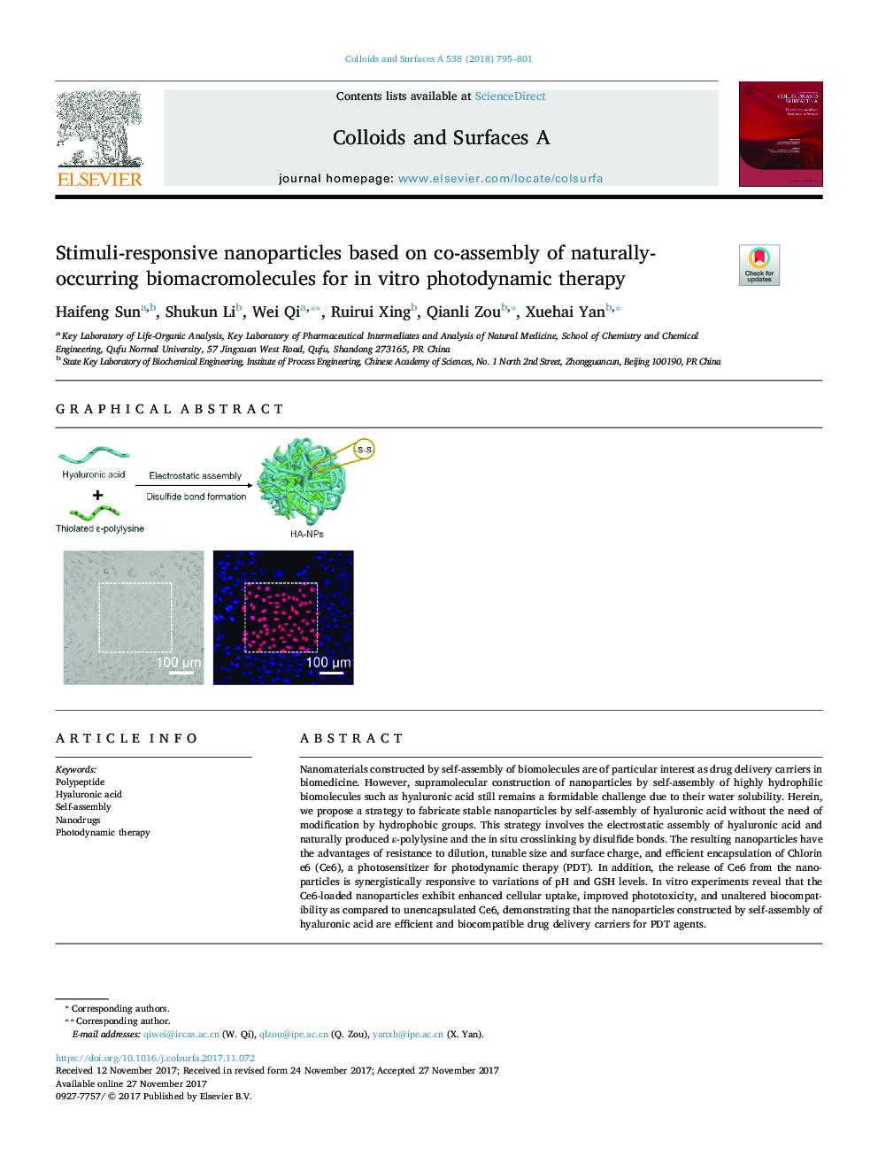 Stimuli-responsive nanoparticles based on co-assembly of naturally-occurring biomacromolecules for in vitro photodynamic therapy