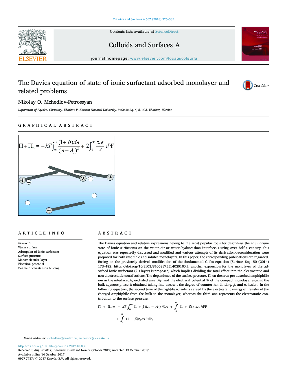 The Davies equation of state of ionic surfactant adsorbed monolayer and related problems