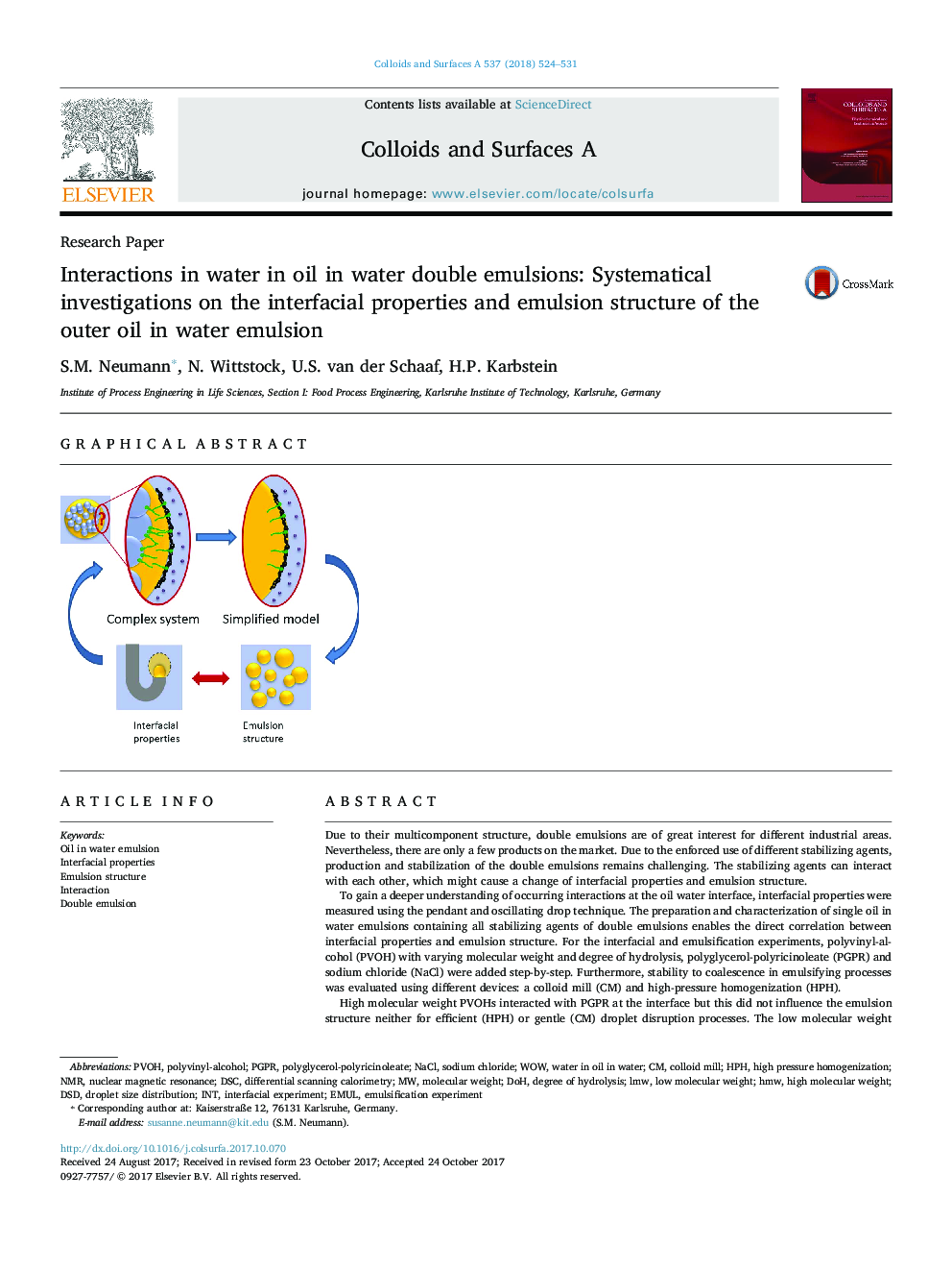 Interactions in water in oil in water double emulsions: Systematical investigations on the interfacial properties and emulsion structure of the outer oil in water emulsion