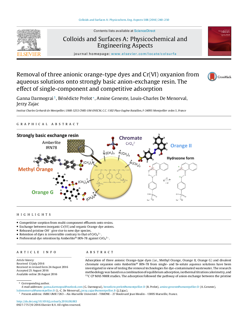 Removal of three anionic orange-type dyes and Cr(VI) oxyanion from aqueous solutions onto strongly basic anion-exchange resin. The effect of single-component and competitive adsorption