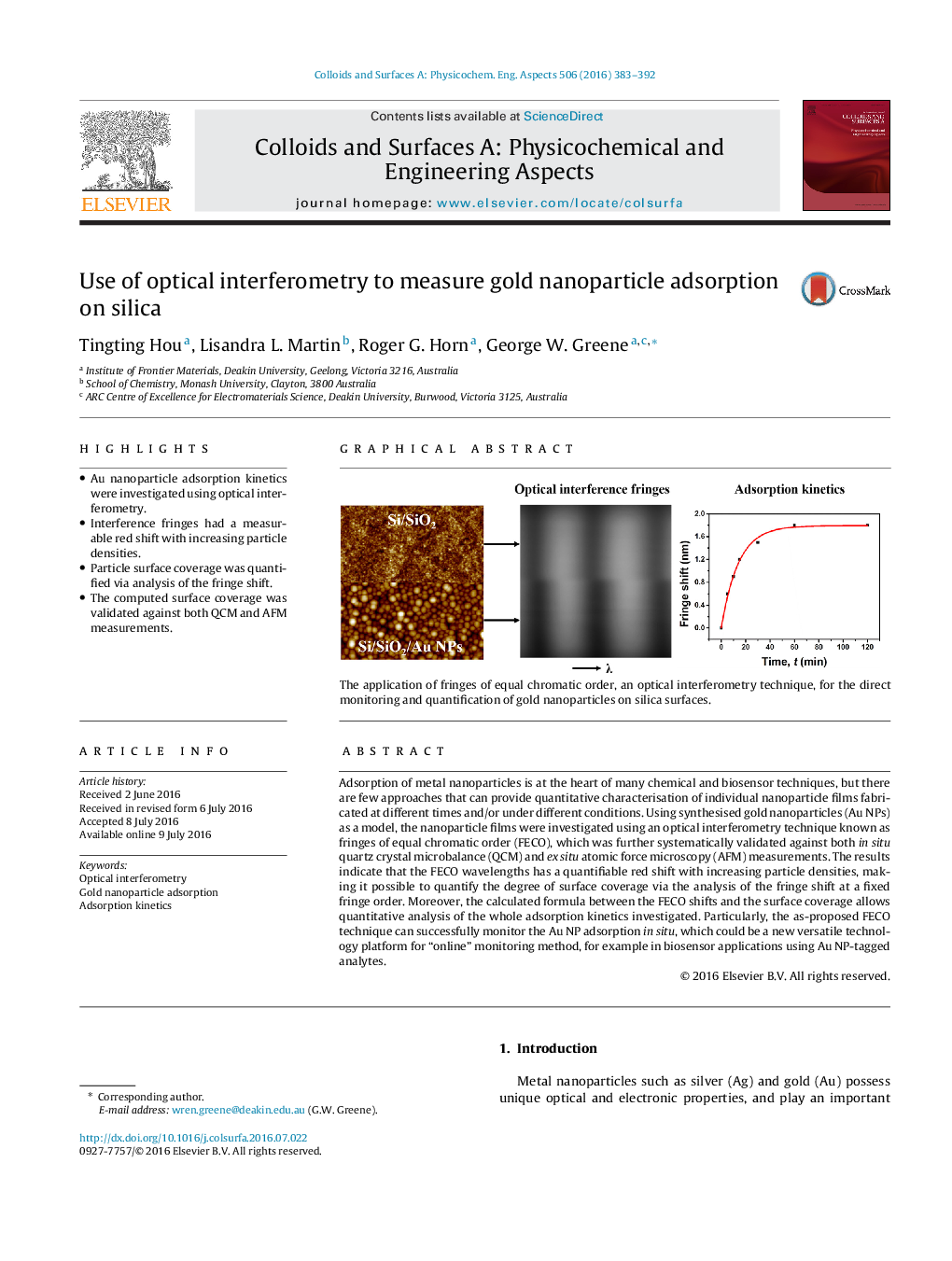 Use of optical interferometry to measure gold nanoparticle adsorption on silica