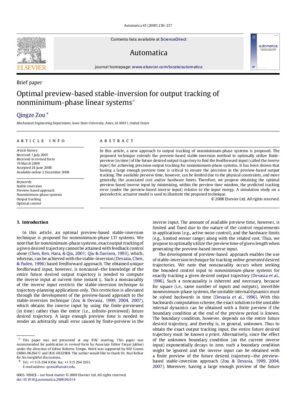 Optimal preview-based stable-inversion for output tracking of nonminimum-phase linear systems 