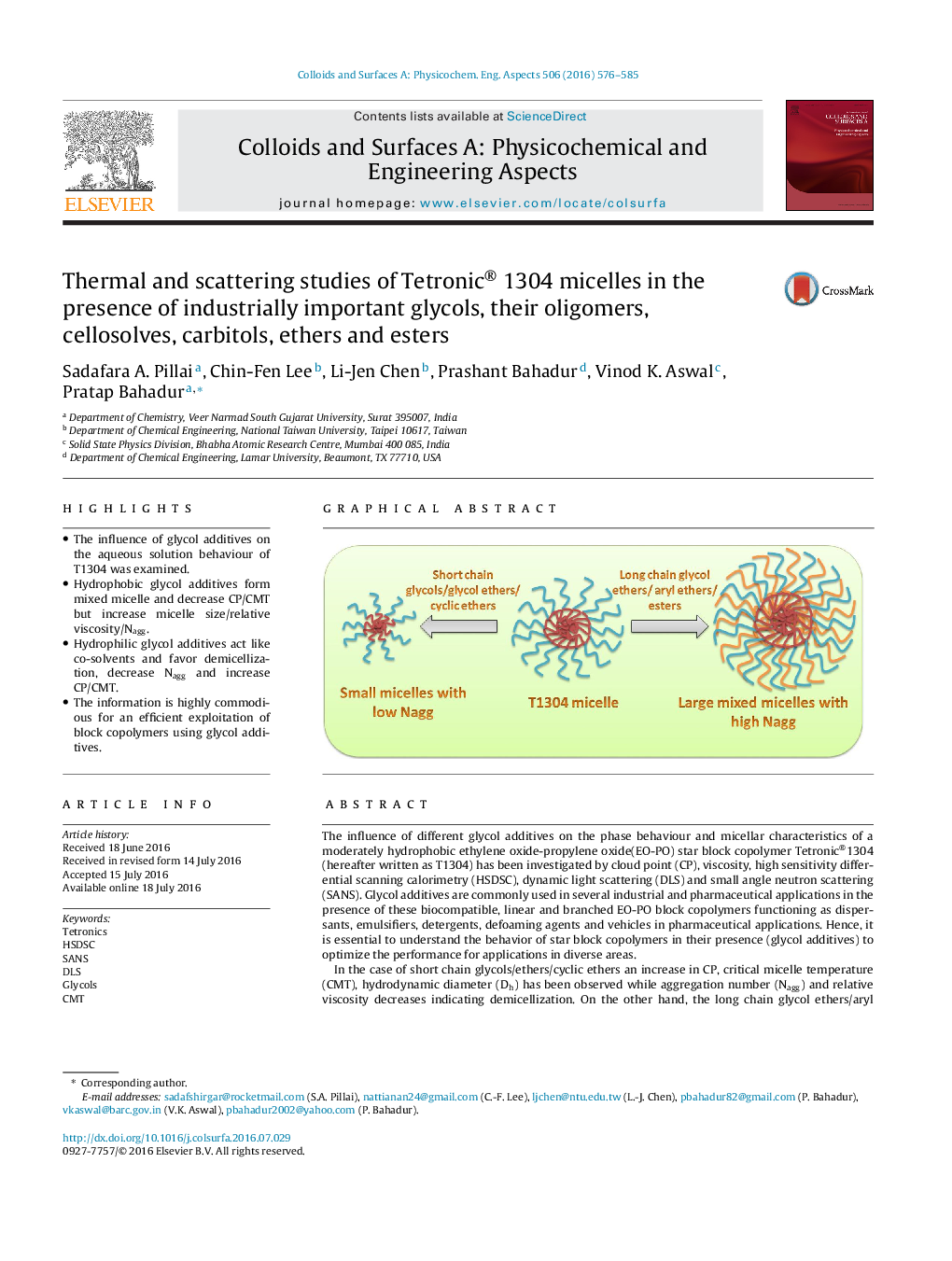 Thermal and scattering studies of Tetronic® 1304 micelles in the presence of industrially important glycols, their oligomers, cellosolves, carbitols, ethers and esters