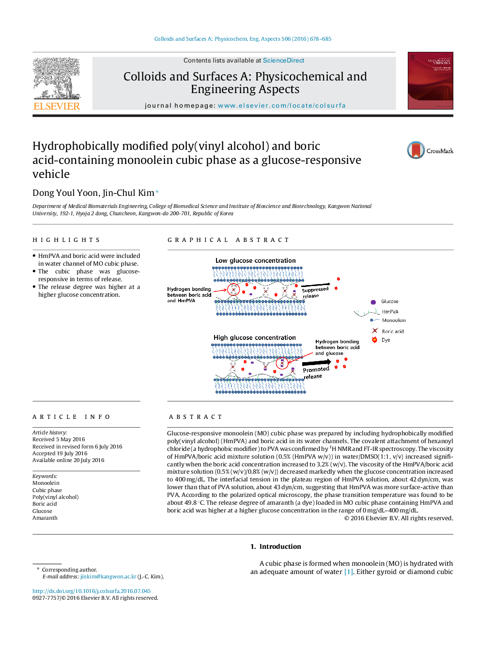 Hydrophobically modified poly(vinyl alcohol) and boric acid-containing monoolein cubic phase as a glucose-responsive vehicle