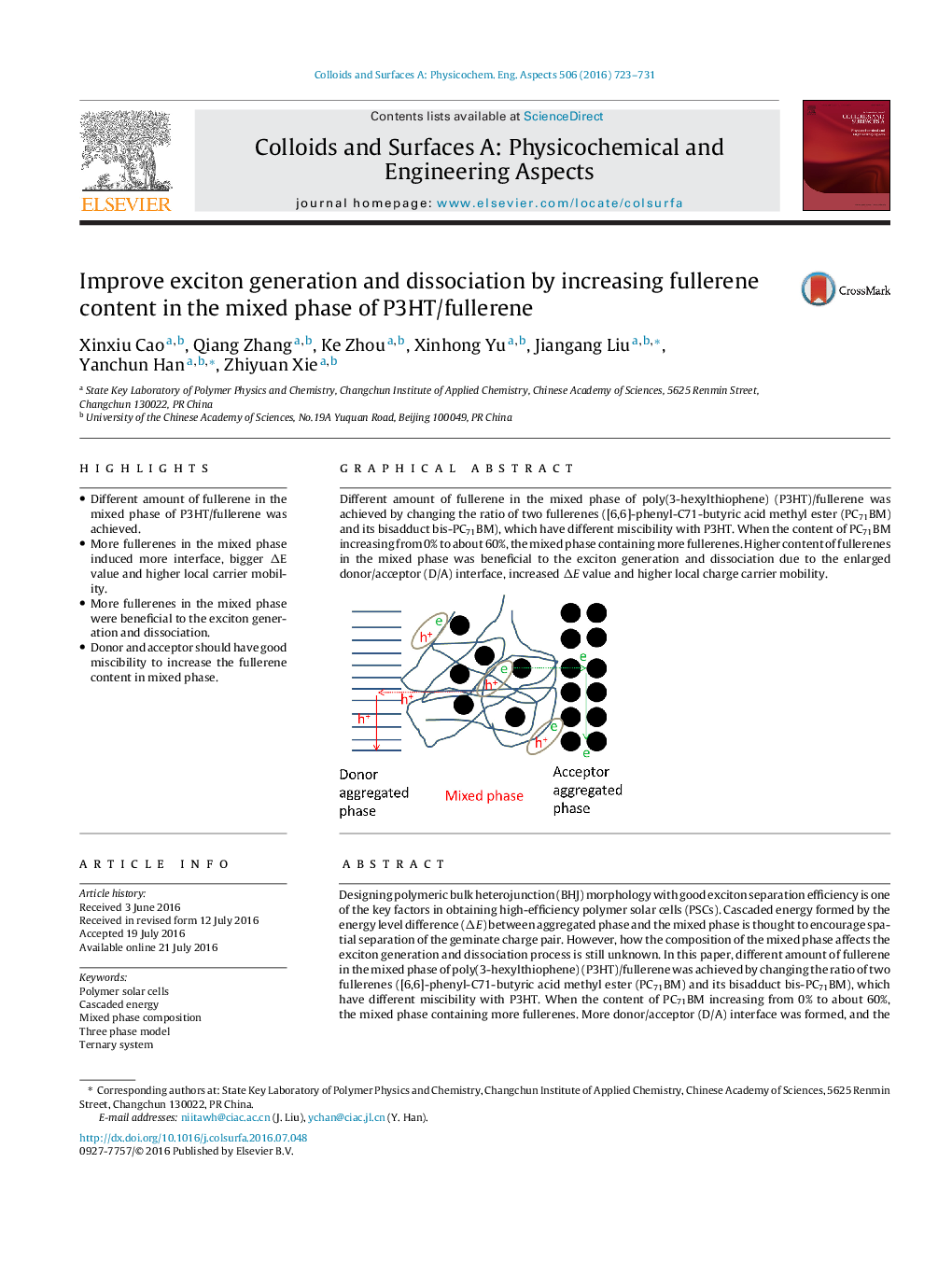 Improve exciton generation and dissociation by increasing fullerene content in the mixed phase of P3HT/fullerene