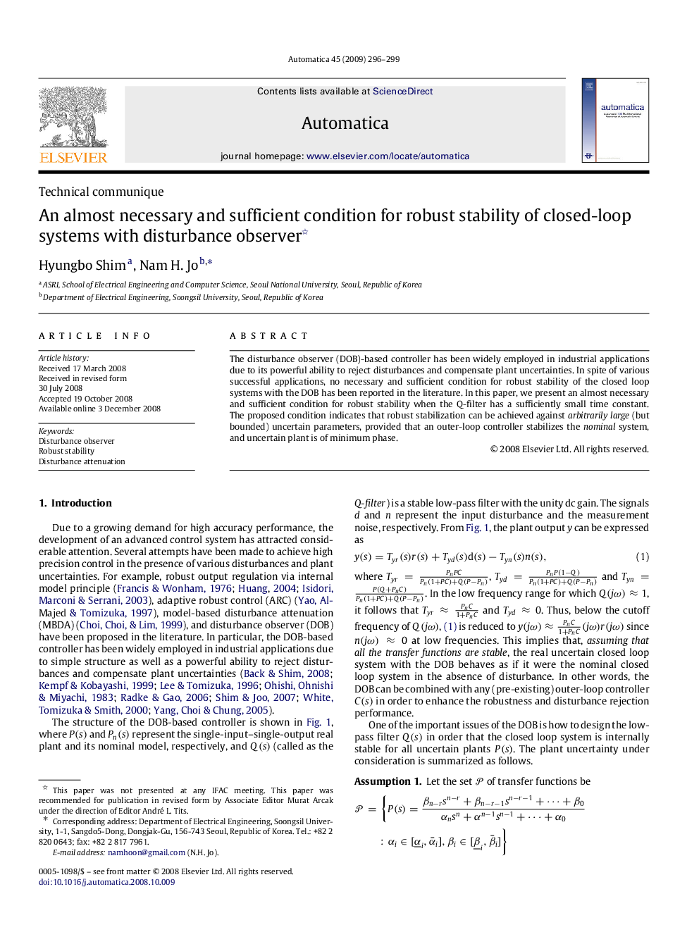 An almost necessary and sufficient condition for robust stability of closed-loop systems with disturbance observer 