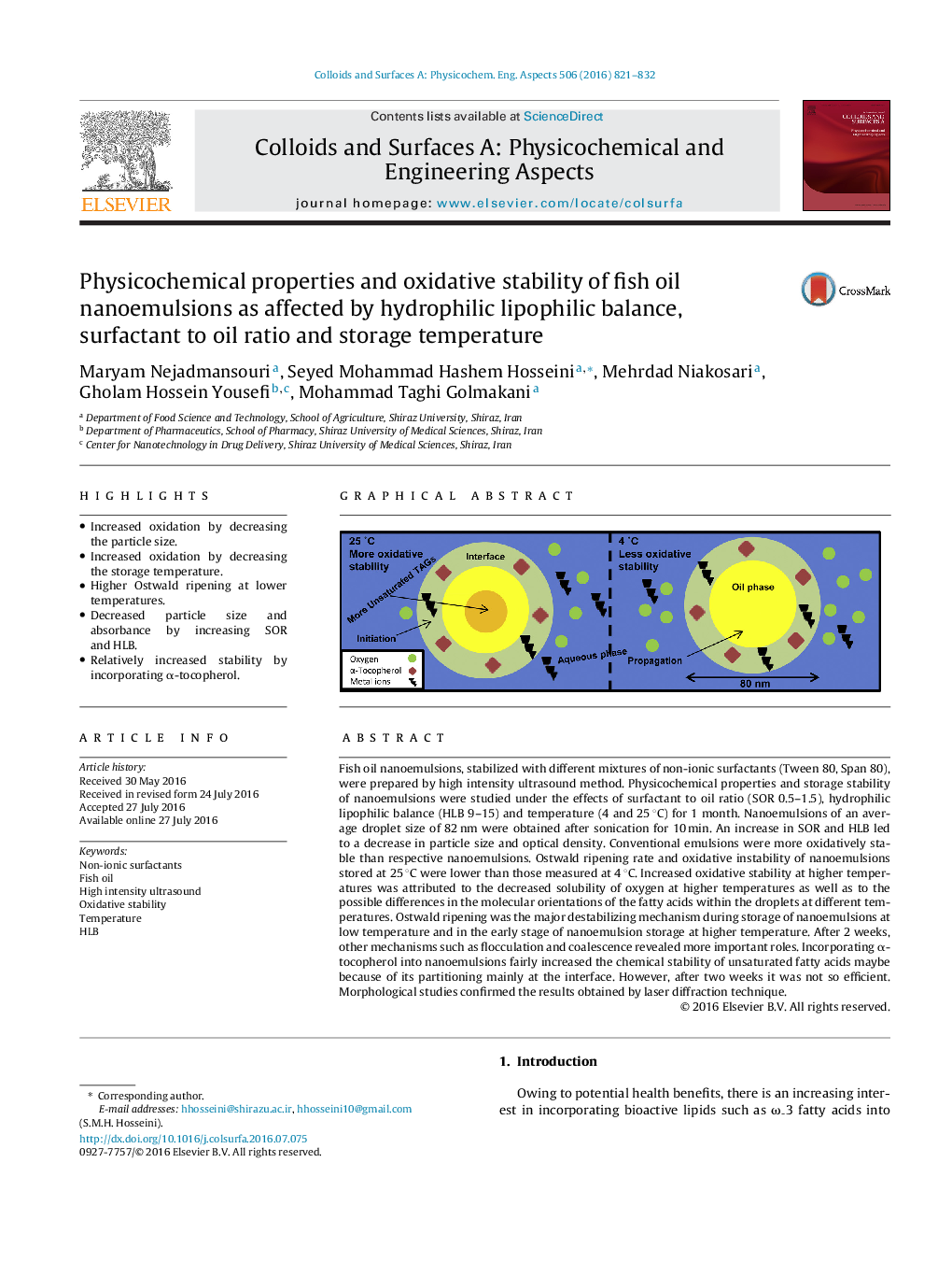 Physicochemical properties and oxidative stability of fish oil nanoemulsions as affected by hydrophilic lipophilic balance, surfactant to oil ratio and storage temperature