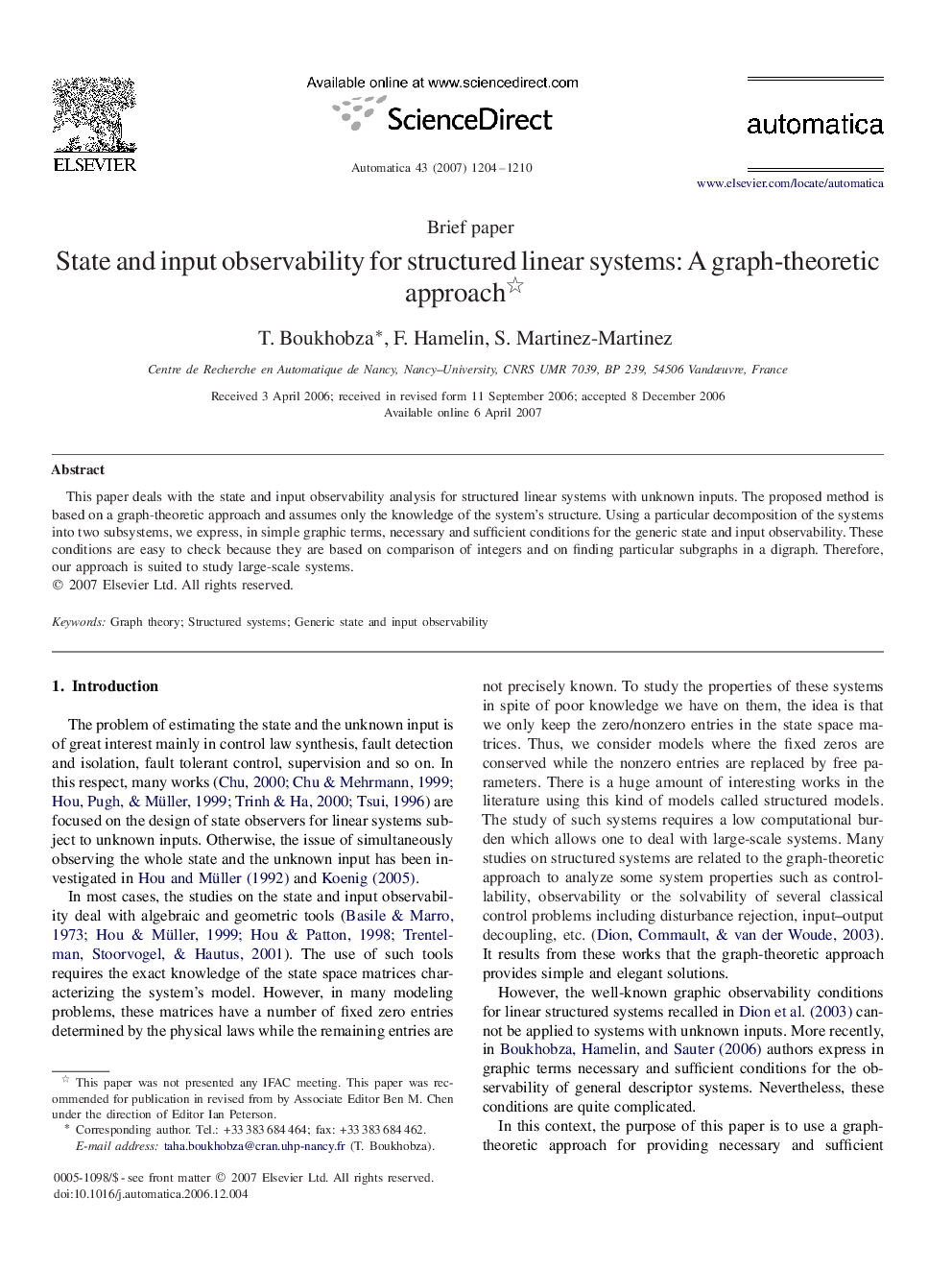 State and input observability for structured linear systems: A graph-theoretic approach 