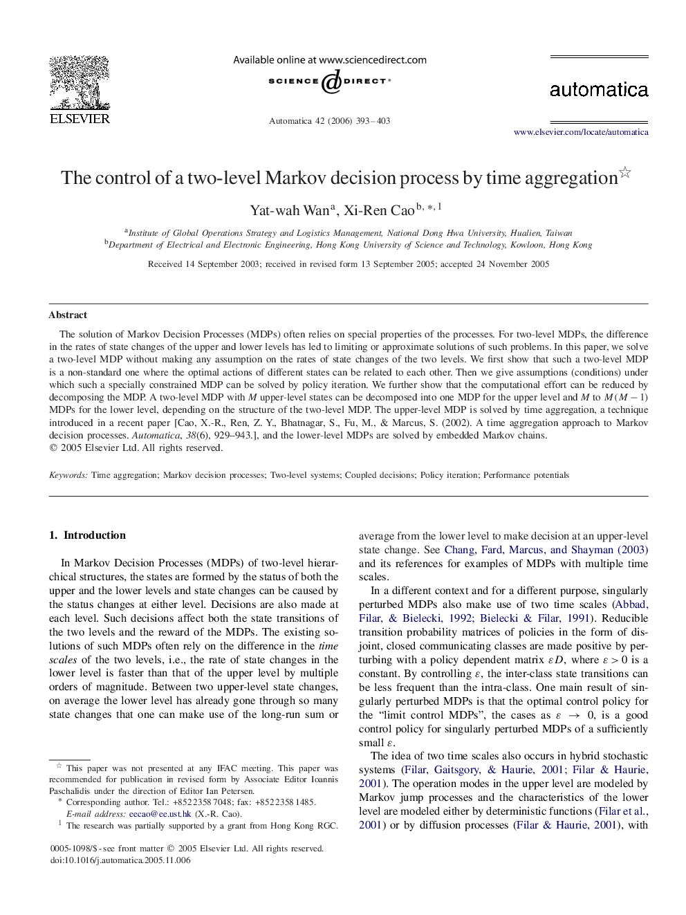 The control of a two-level Markov decision process by time aggregation