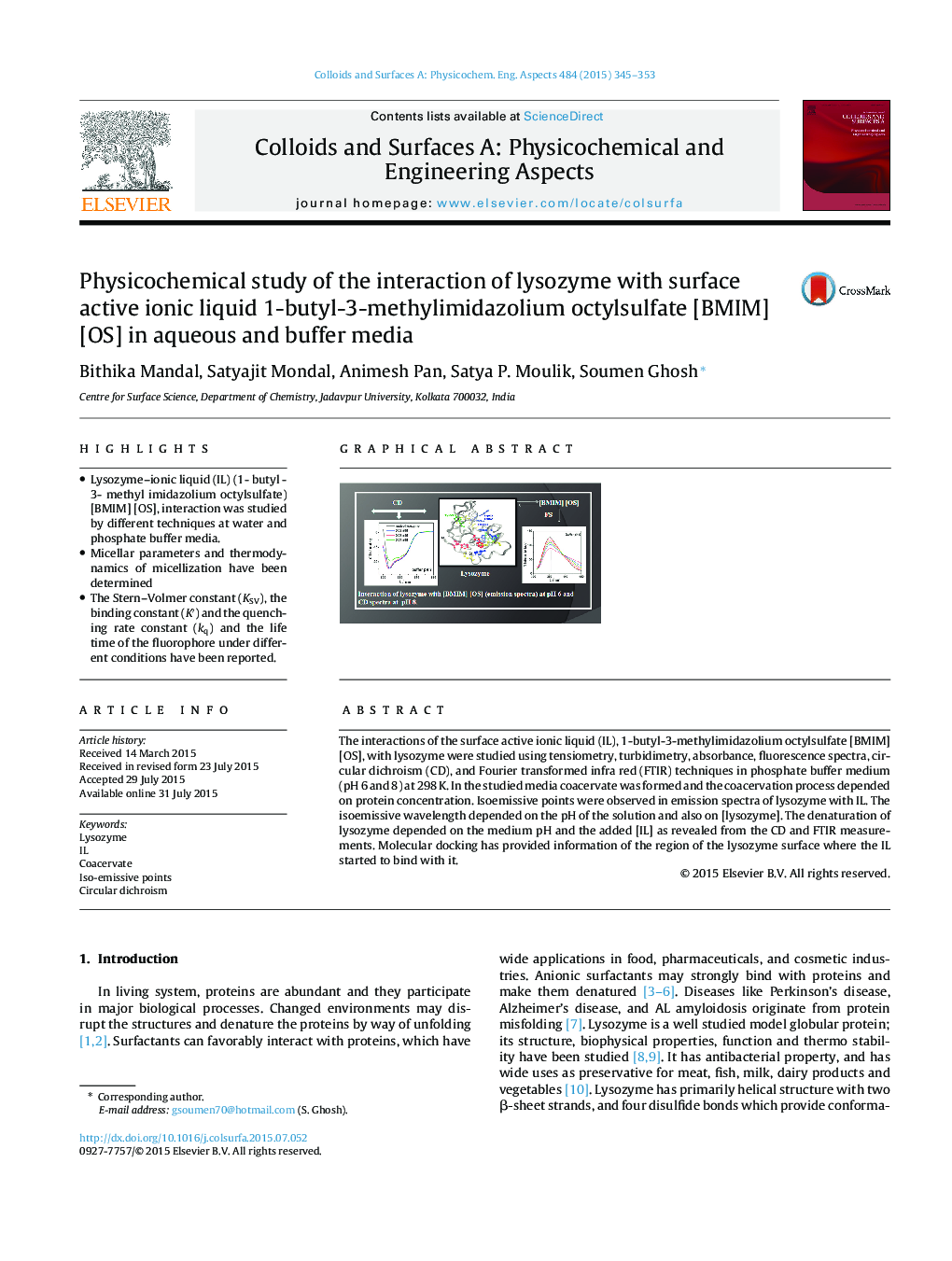 Physicochemical study of the interaction of lysozyme with surface active ionic liquid 1-butyl-3-methylimidazolium octylsulfate [BMIM] [OS] in aqueous and buffer media