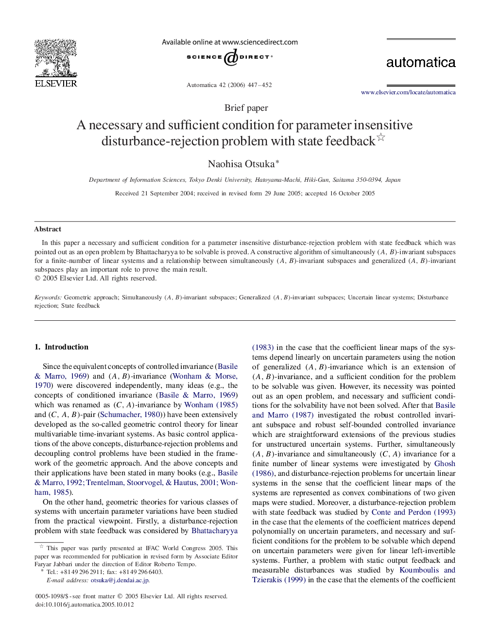 A necessary and sufficient condition for parameter insensitive disturbance-rejection problem with state feedback 