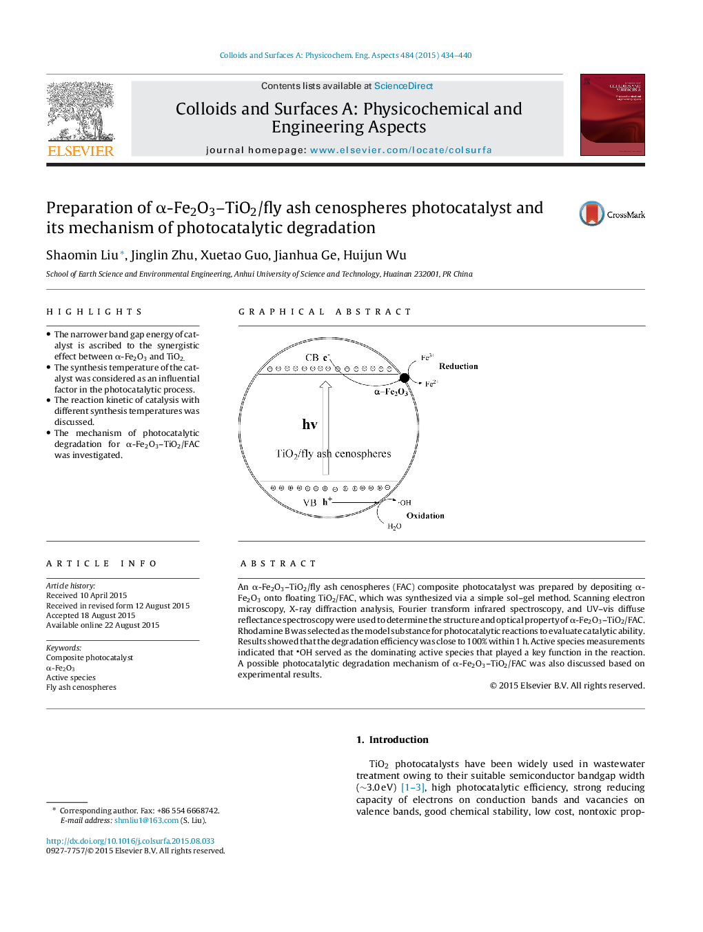 Preparation of Î±-Fe2O3-TiO2/fly ash cenospheres photocatalyst and its mechanism of photocatalytic degradation