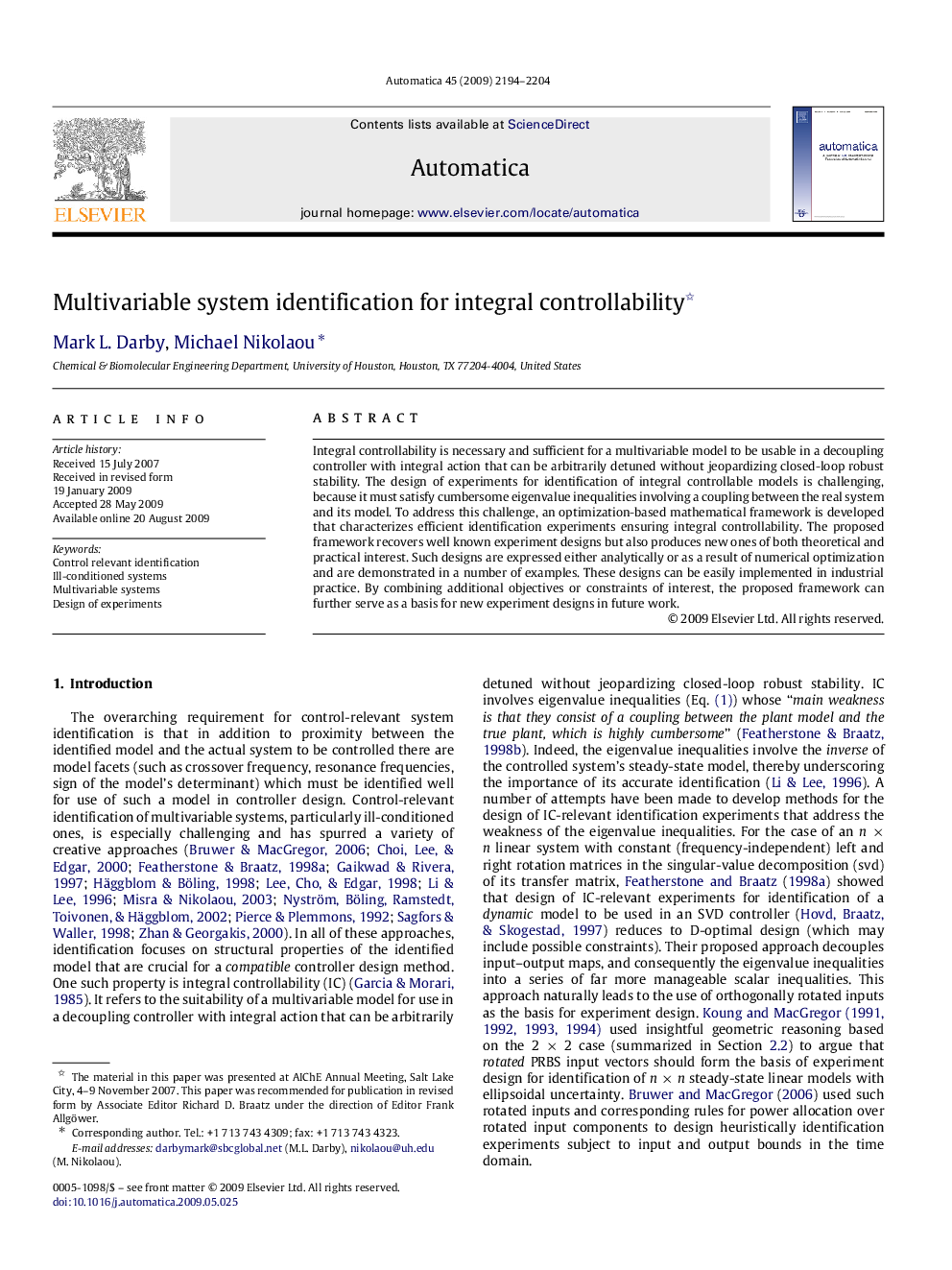 Multivariable system identification for integral controllability 