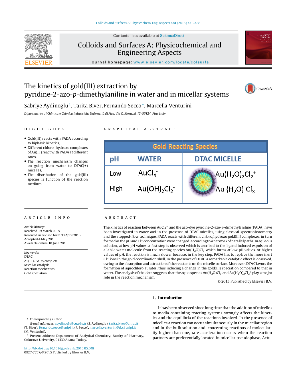 عکس صفحه اول مقاله: The kinetics of gold(III) extraction by pyridine-2-azoâpâdimethylaniline in water and in micellar systems The kinetics of gold(III) extraction by pyridine-2-azoâpâdimethylaniline in water and in micellar systems