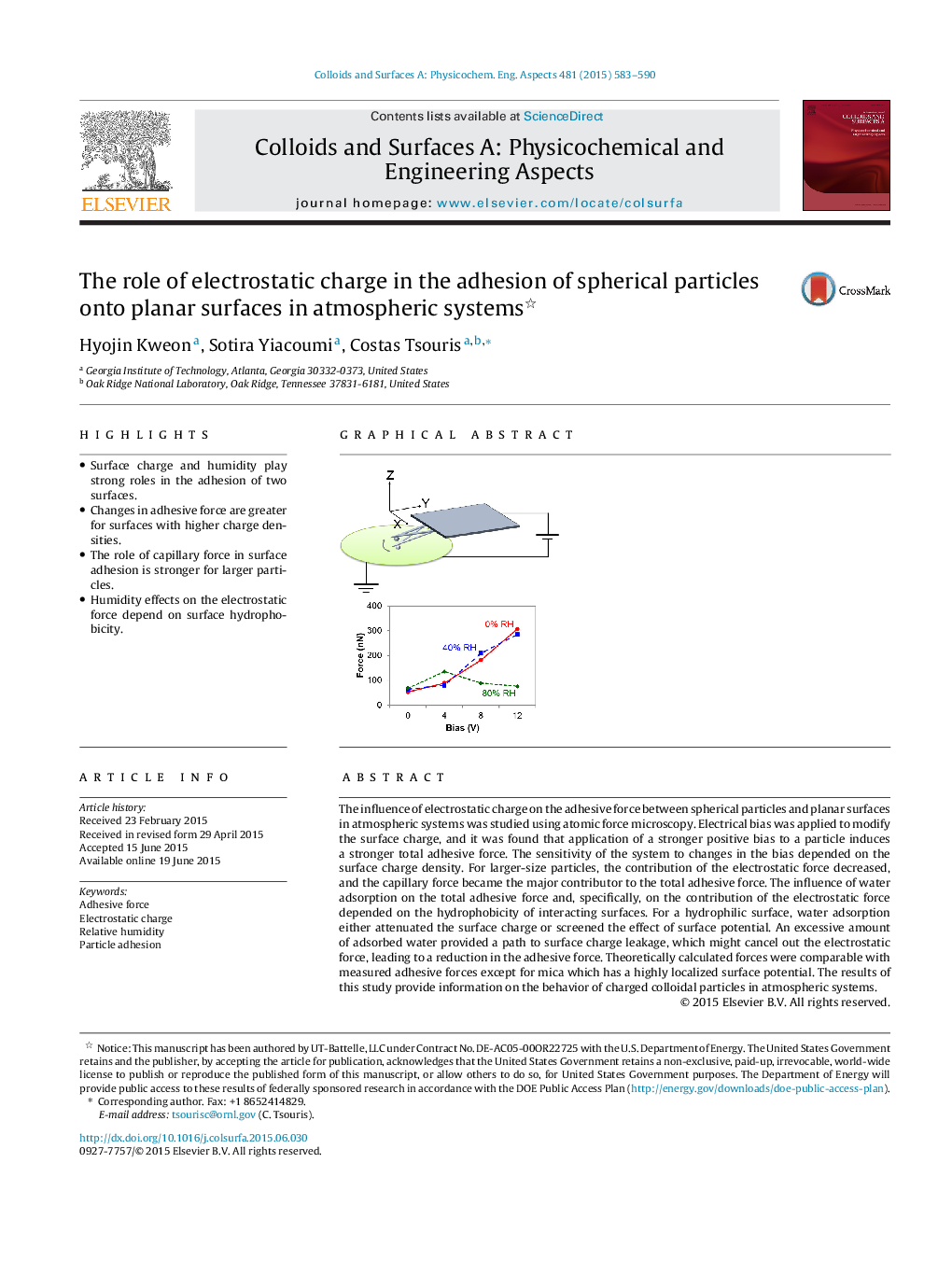 The role of electrostatic charge in the adhesion of spherical particles onto planar surfaces in atmospheric systems