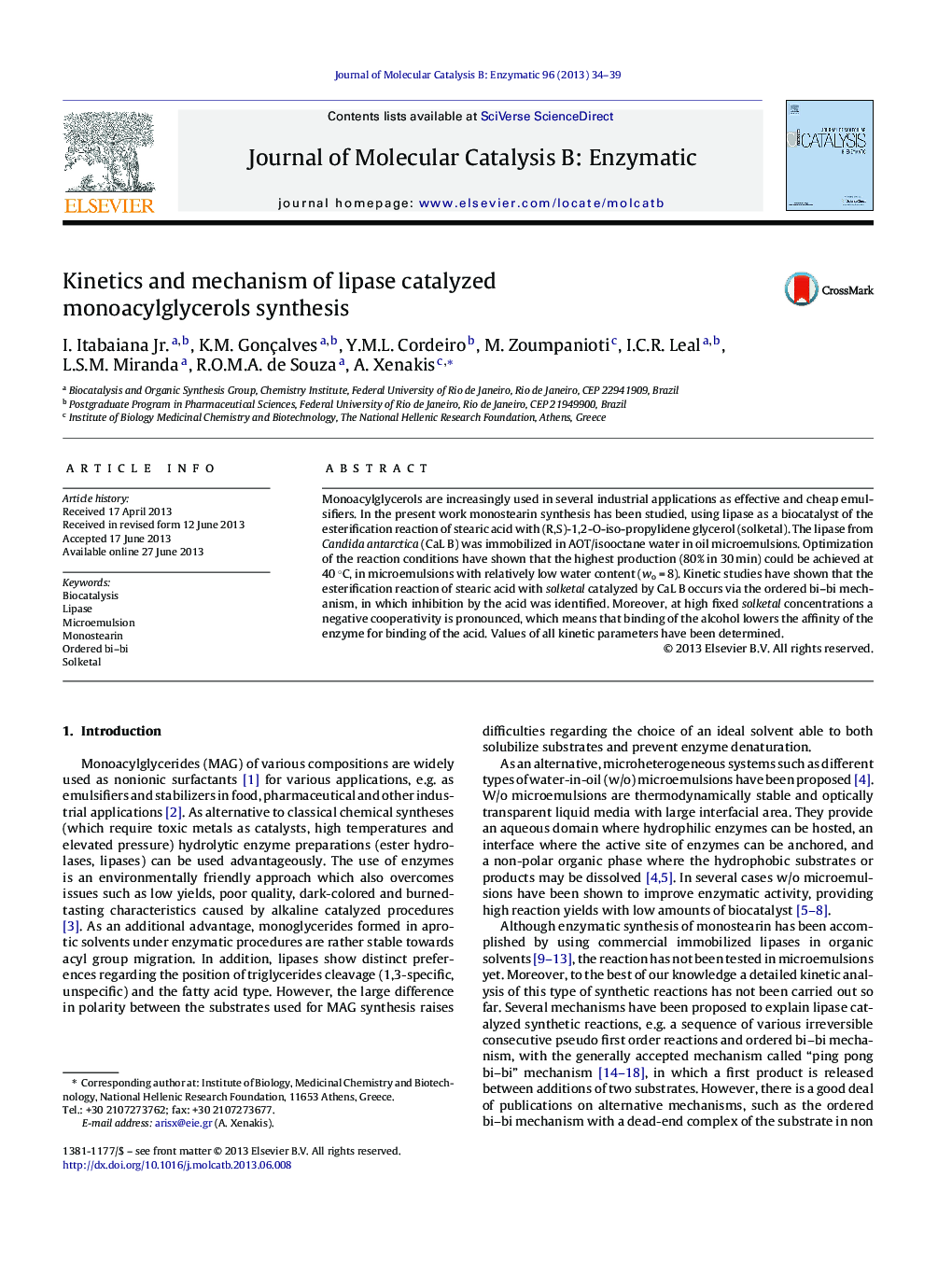 Kinetics and mechanism of lipase catalyzed monoacylglycerols synthesis