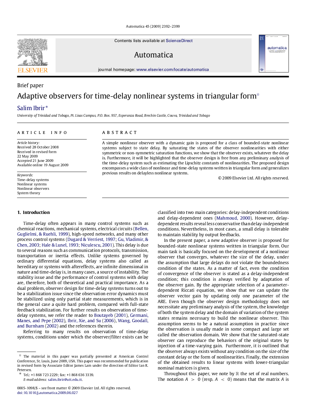 Adaptive observers for time-delay nonlinear systems in triangular form 