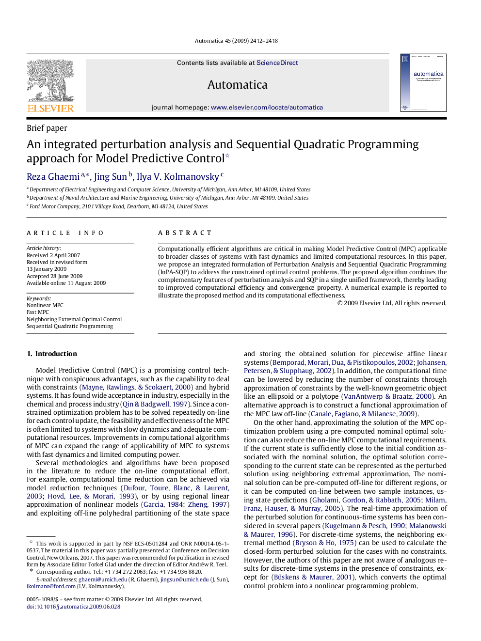 An integrated perturbation analysis and Sequential Quadratic Programming approach for Model Predictive Control 