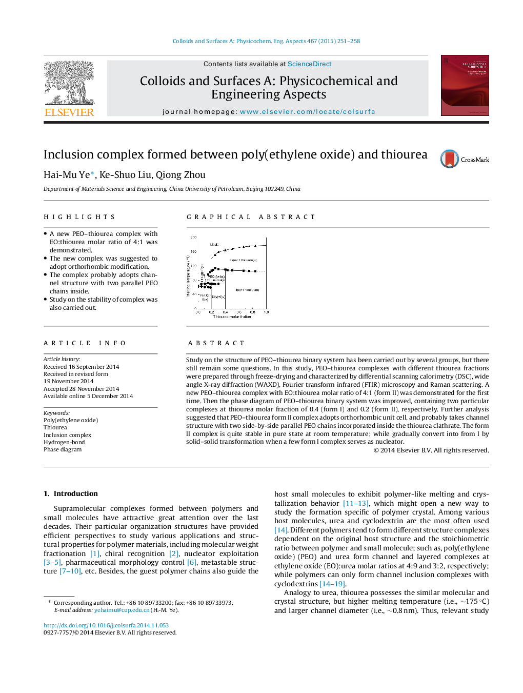 Inclusion complex formed between poly(ethylene oxide) and thiourea