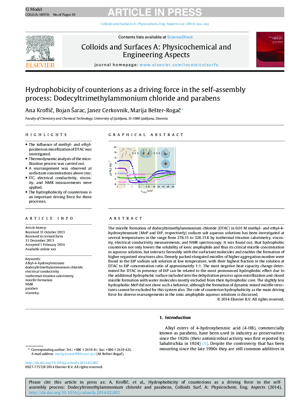 Hydrophobicity of counterions as a driving force in the self-assembly process: Dodecyltrimethylammonium chloride and parabens