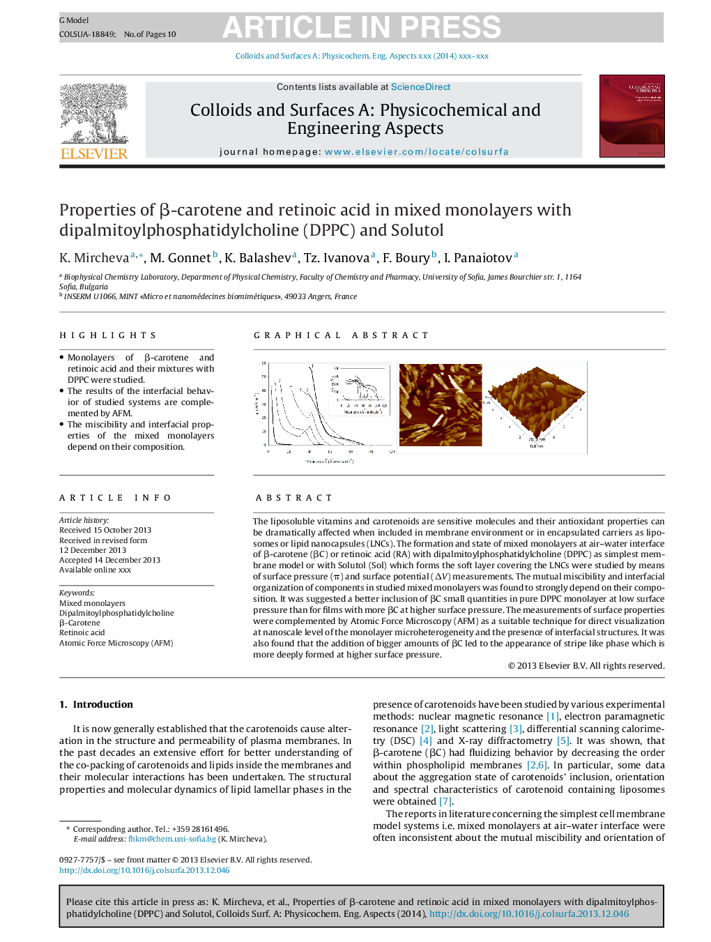 Properties of Î²-carotene and retinoic acid in mixed monolayers with dipalmitoylphosphatidylcholine (DPPC) and Solutol