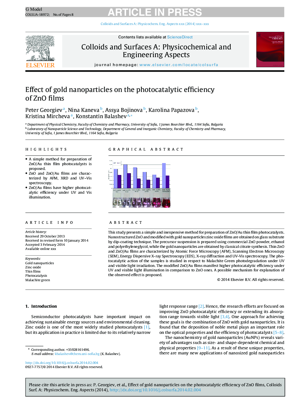 عکس صفحه اول مقاله: Effect of gold nanoparticles on the photocatalytic efficiency of ZnO films Effect of gold nanoparticles on the photocatalytic efficiency of ZnO films