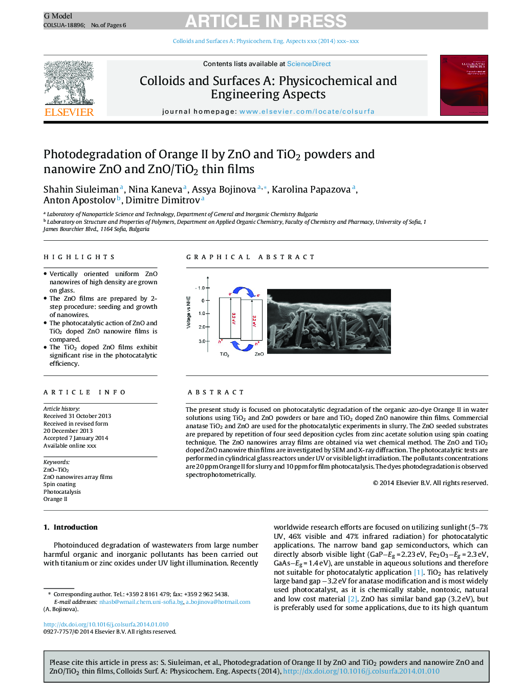 Photodegradation of Orange II by ZnO and TiO2 powders and nanowire ZnO and ZnO/TiO2 thin films