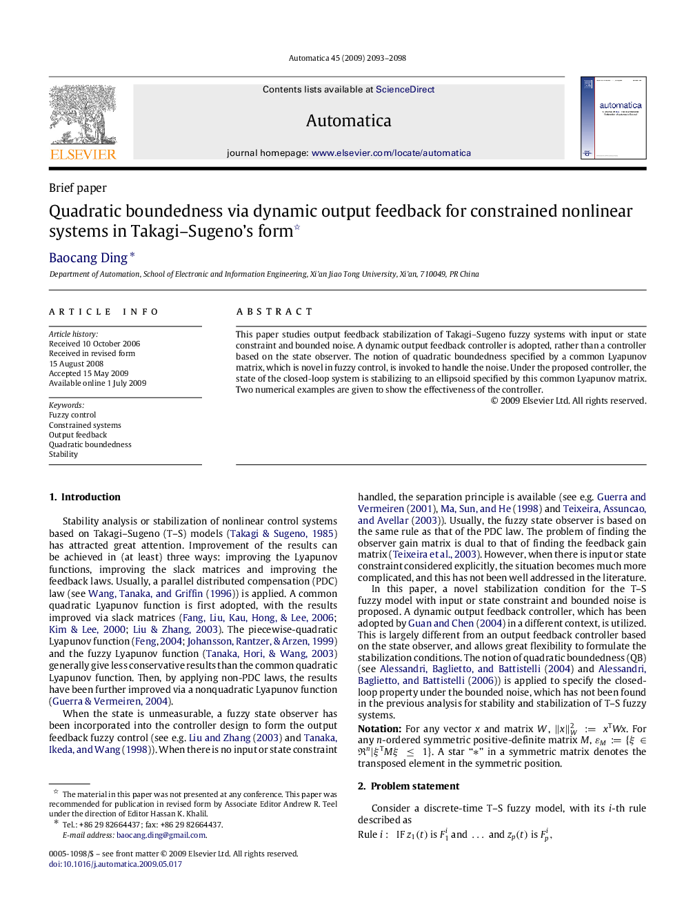 Quadratic boundedness via dynamic output feedback for constrained nonlinear systems in Takagi–Sugeno’s form 