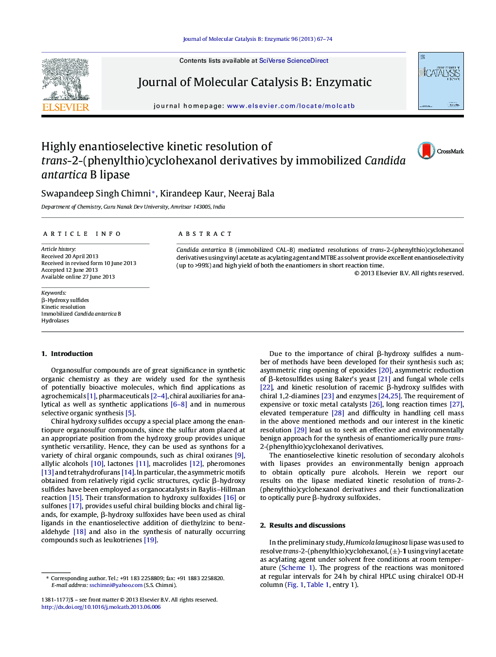 Highly enantioselective kinetic resolution of trans-2-(phenylthio)cyclohexanol derivatives by immobilized Candida antartica B lipase