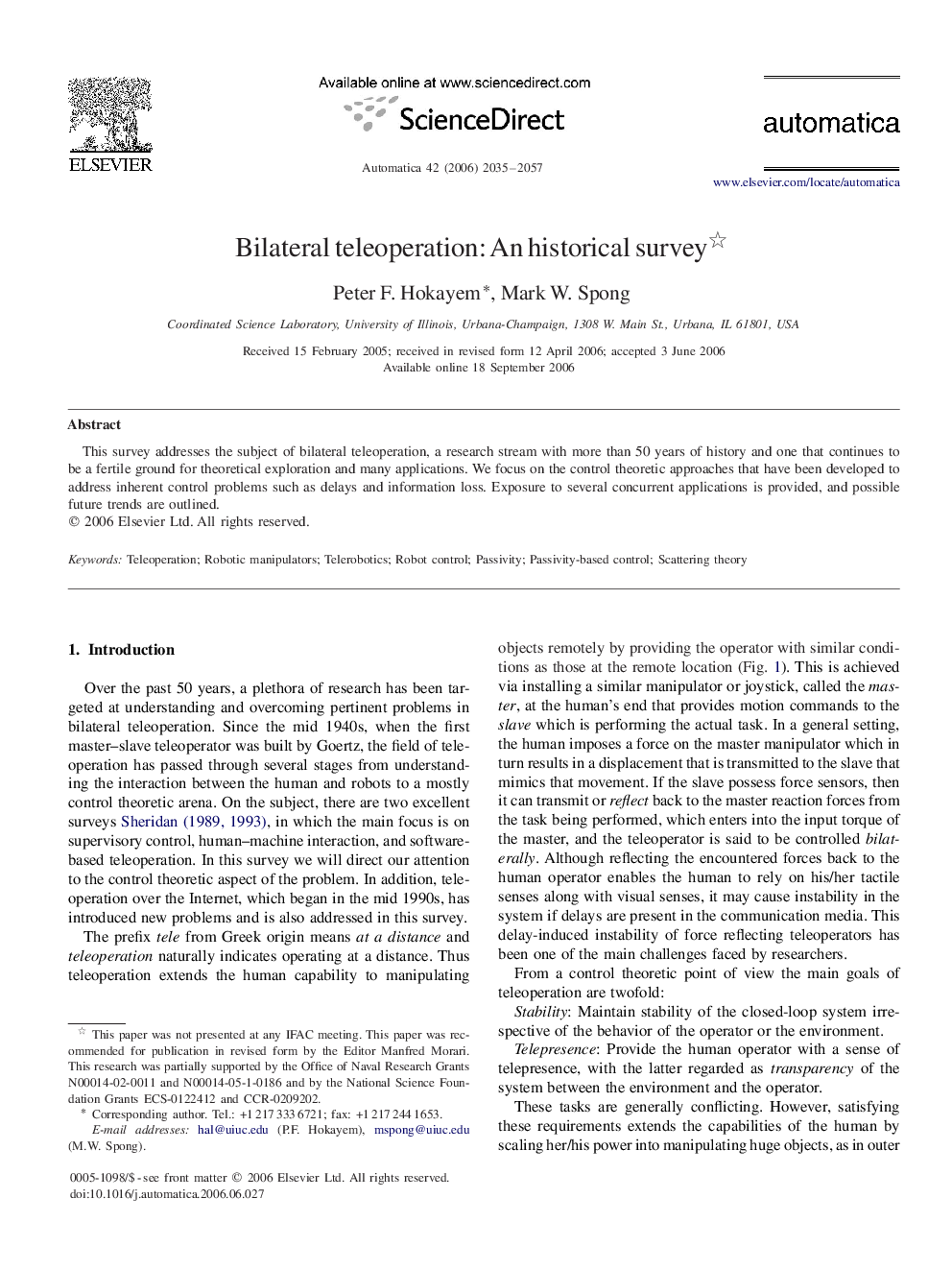 Bilateral teleoperation: An historical survey 