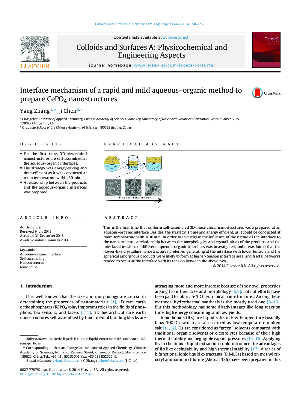 Interface mechanism of a rapid and mild aqueous-organic method to prepare CePO4 nanostructures