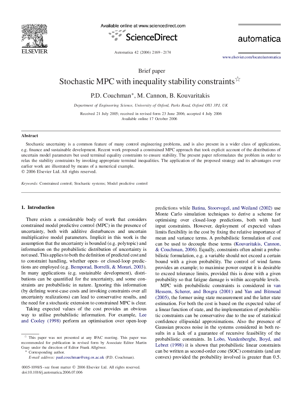 Stochastic MPC with inequality stability constraints 