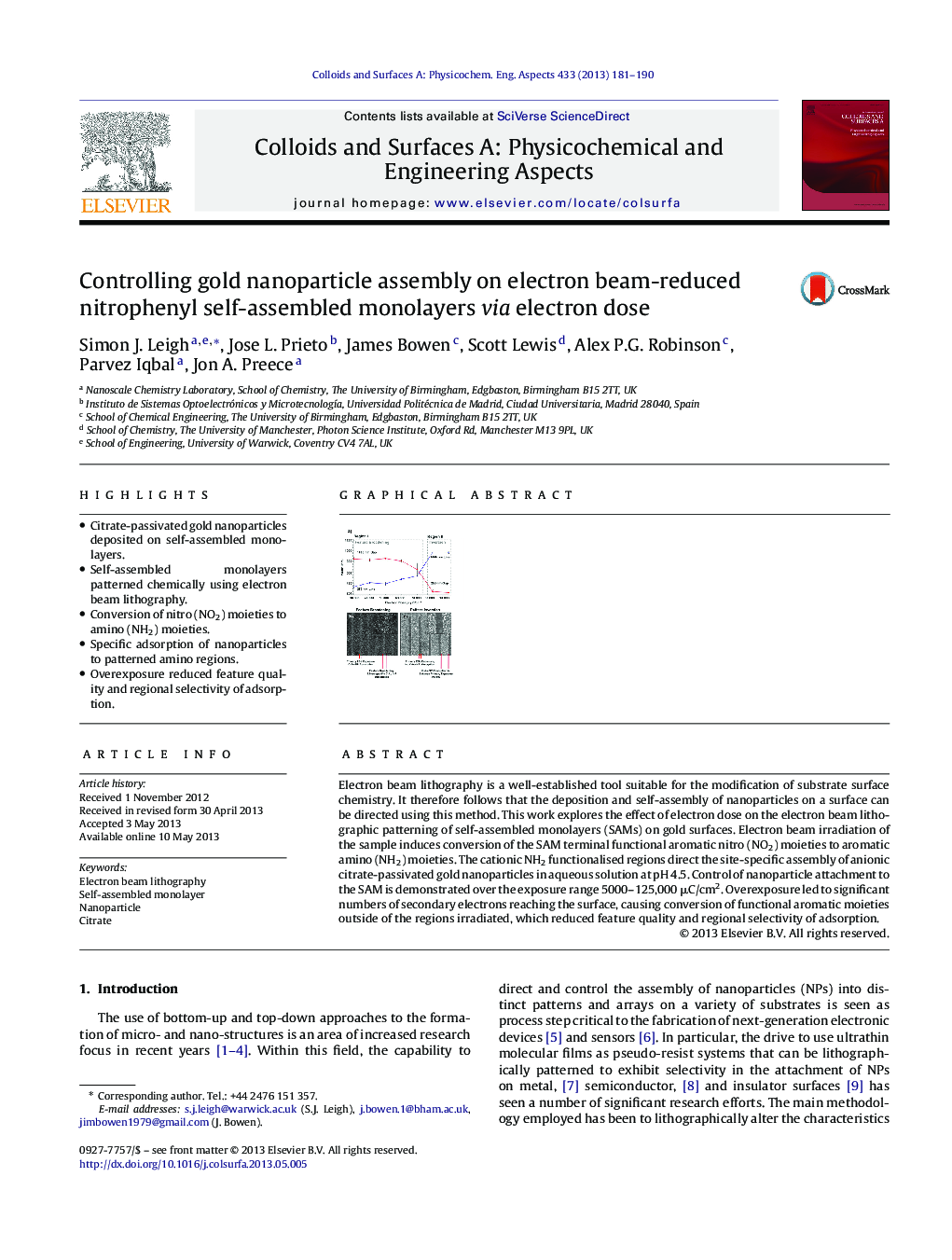 Controlling gold nanoparticle assembly on electron beam-reduced nitrophenyl self-assembled monolayers via electron dose