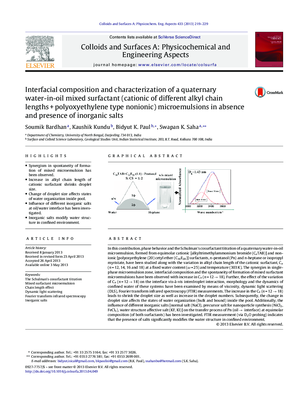 Interfacial composition and characterization of a quaternary water-in-oil mixed surfactant (cationic of different alkyl chain lengthsÂ +Â polyoxyethylene type nonionic) microemulsions in absence and presence of inorganic salts