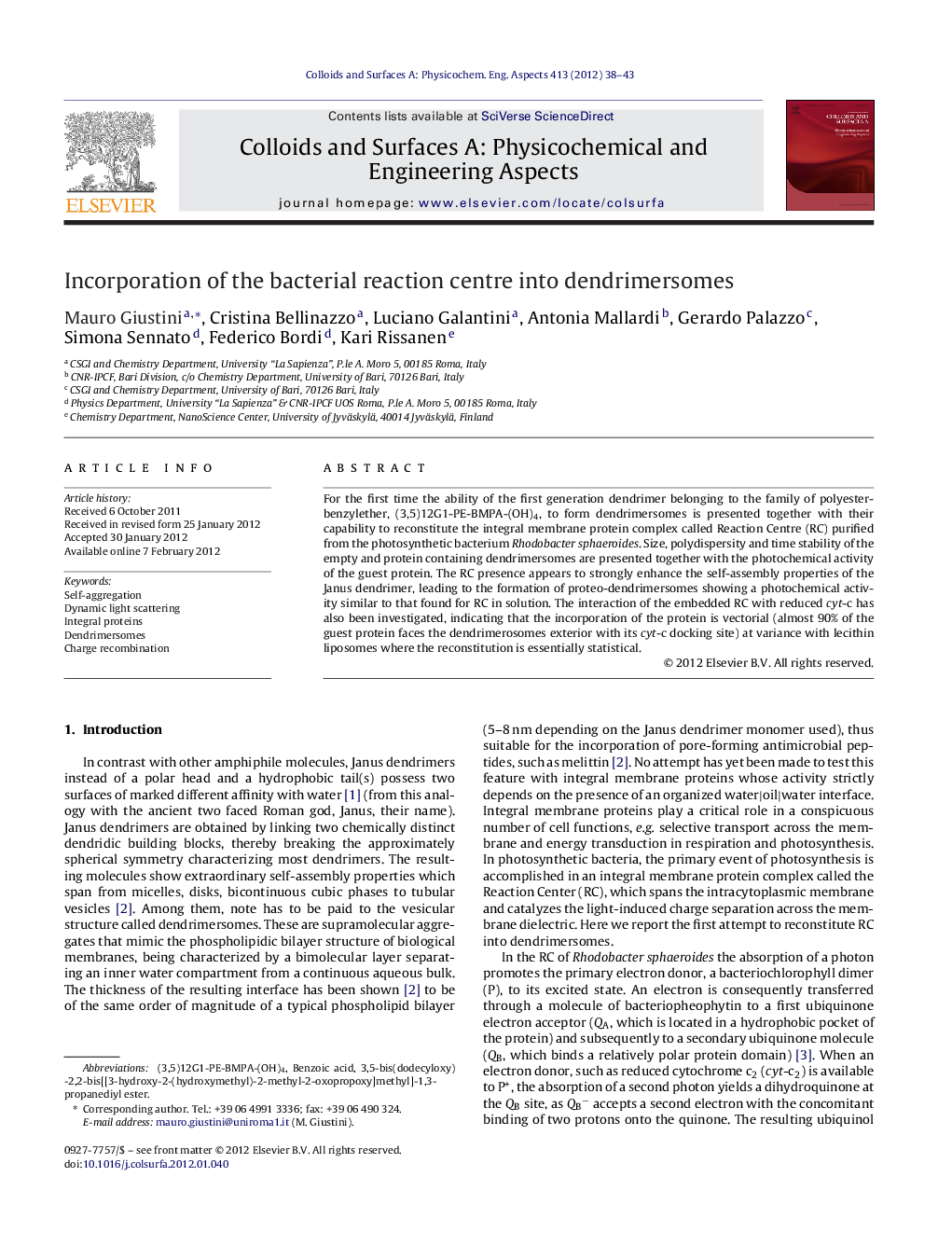 Incorporation of the bacterial reaction centre into dendrimersomes