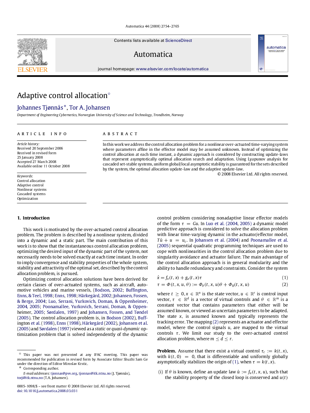 Adaptive control allocation 