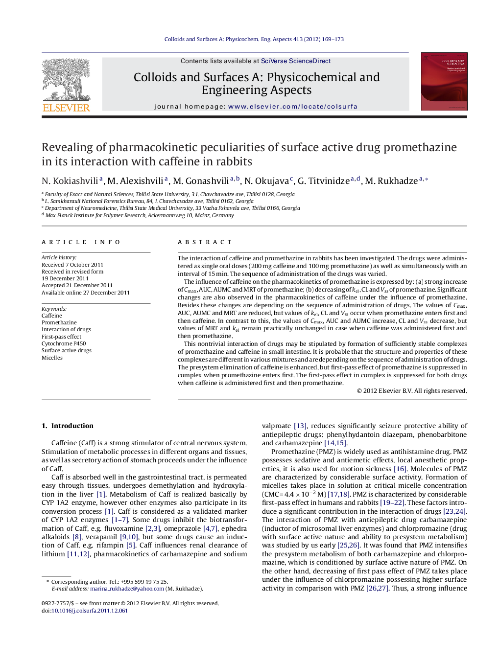 Revealing of pharmacokinetic peculiarities of surface active drug promethazine in its interaction with caffeine in rabbits