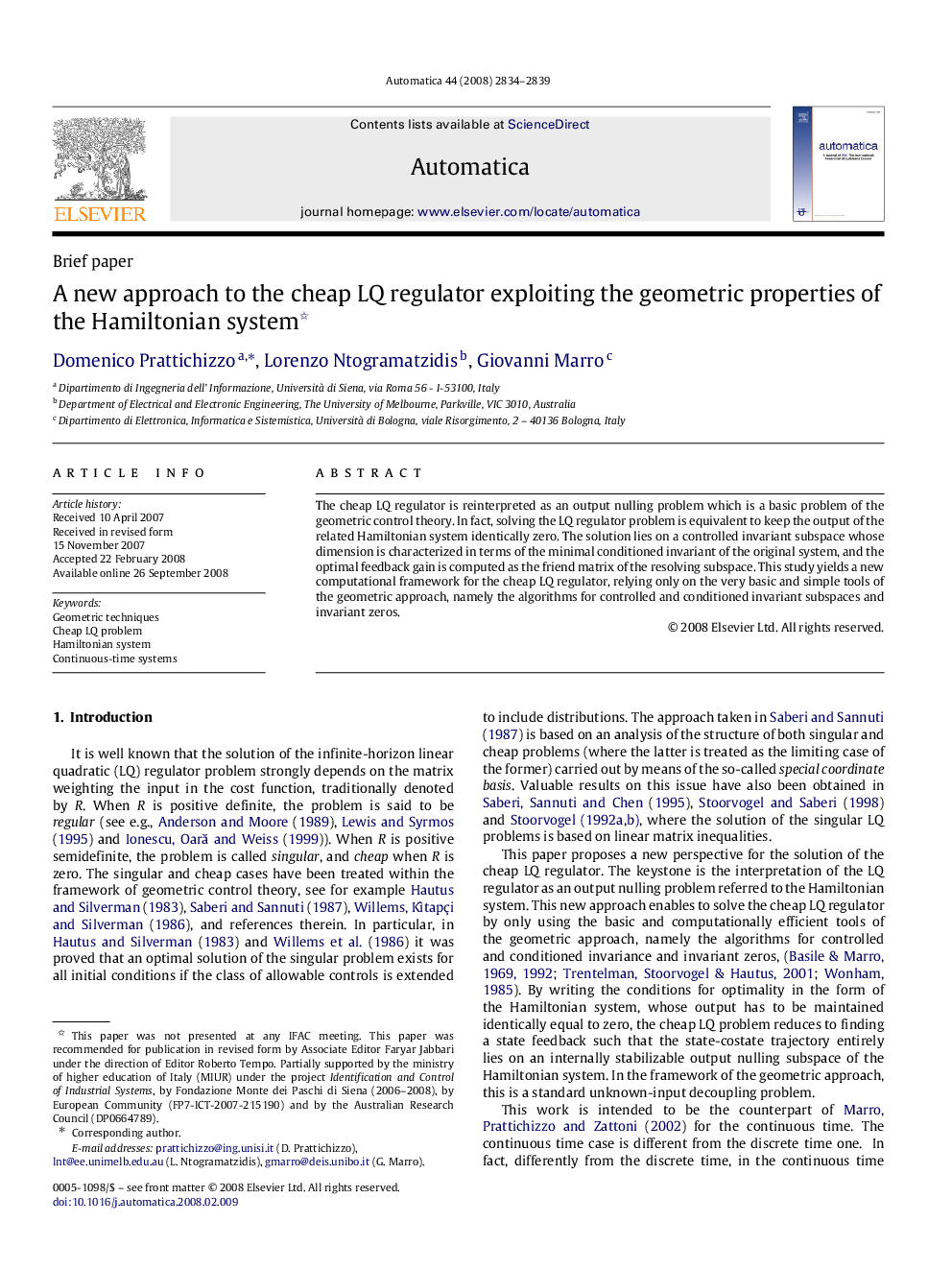 A new approach to the cheap LQ regulator exploiting the geometric properties of the Hamiltonian system 